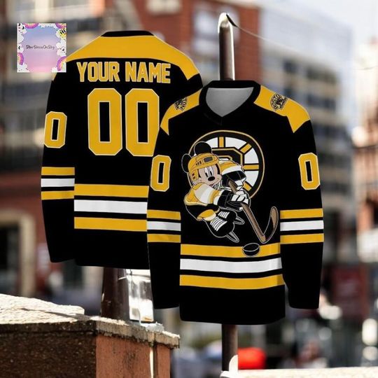 Discover Personalized Boston ice hockey jersey with Mickey Mouse design. Custom fan jersey for Brad Marchand and Milan Lucic fans.