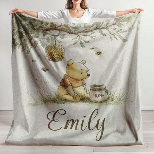 Discover Sherpa Fleece, Velveteen Plush, Personalized Name Classic Pooh, Custom Winnie The Pooh Nursery, Baby Gift, Birthday Gift