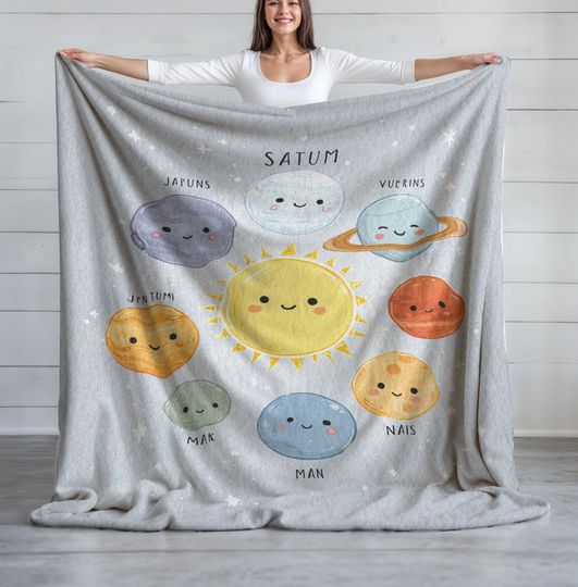 Sherpa Fleece, Velveteen Plush, Solar System, For Kid Who Loves Space, Astronomy Lover Bedding, Outer Space Nursery Decor