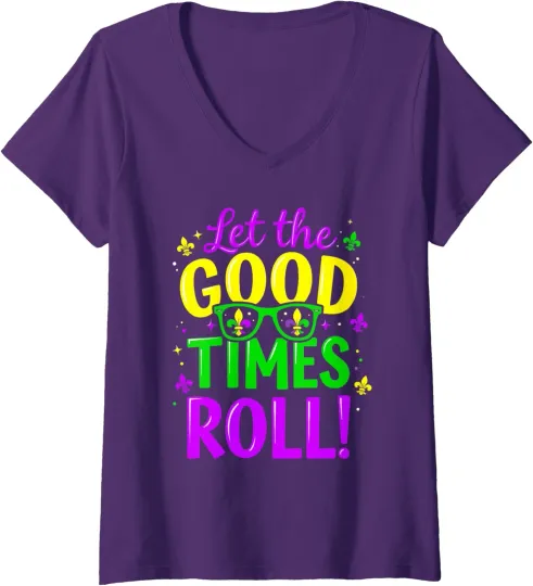Discover Let Good Times Roll Mardi Gras Funny Carnival Party Ladies' V-Neck Tshirt