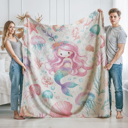 Sherpa Fleece, Velveteen Plush, Cute Mermaid Blanke, Pink Hair Mermaid, Under The Sea Fantasy, Magical Ocean Theme