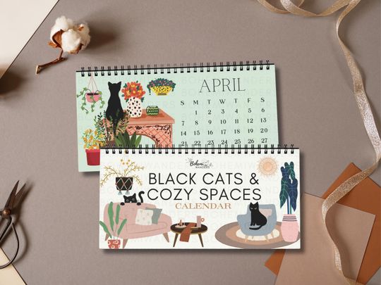 Discover 2026 Black Cat Desk Calendar with Cozy Hygge Scenes for Cat Lovers