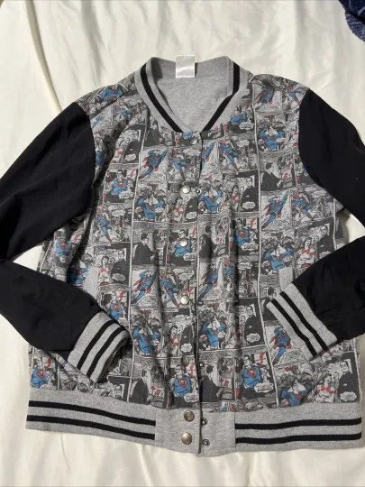 Men's Superman DC Jacket Small Black Gray Button Up Comics Retro Hero Sweatshirt