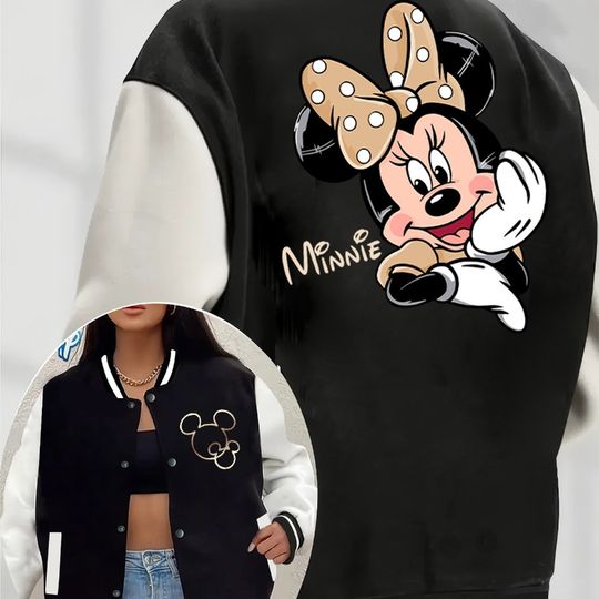 Discover Disney Minnie Bow and Ear Print Jacket  Autumn and Winter New Men and Women Couples Retro Fashion Street Wear