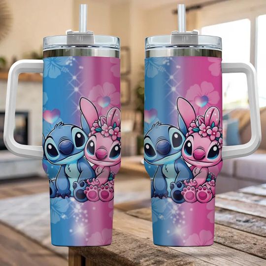Discover Personalized Disney Stitch And Angel Tumbler 40OZ Cup, Disney Couple Tumbler Cup, Disney Stitch Tumbler With Straw