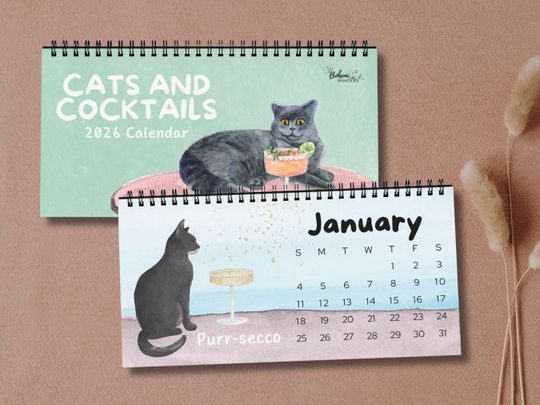 Discover 2026 Cats and Cocktails Desk Calendar Funny Cat Calendar for Cat Lovers