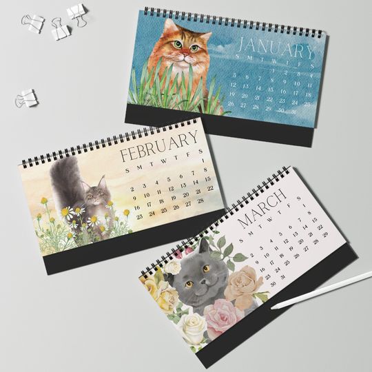 Discover 2026 Botanical Cats Desk Calendar Watercolor Cat Lover Gift