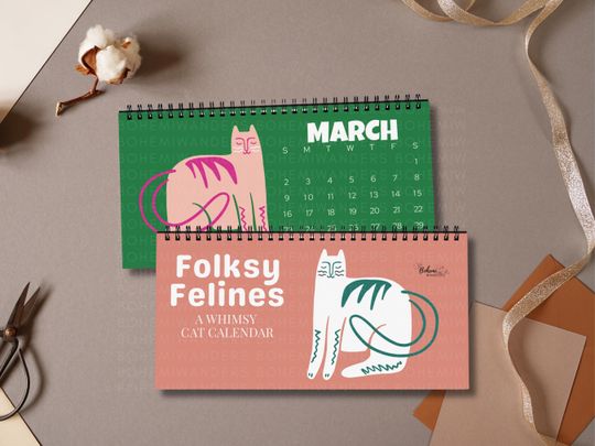 Discover 2026 Folksy Felines Desk Calendar, Colorful Cat-Themed Calendar for Cat Lovers