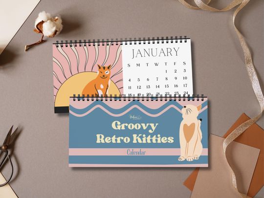 Discover 2026 Groovy Retro Cat Desk Calendar with Bright Funky Feline Art for Cat Lovers