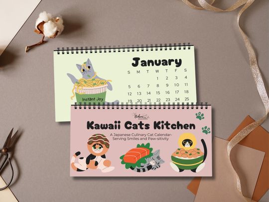 Discover 2026 Japanese Food Cats Desk Calendar  Funny Punny Kawaii Cats with Sushi, Ramen, and Japan Cuisine