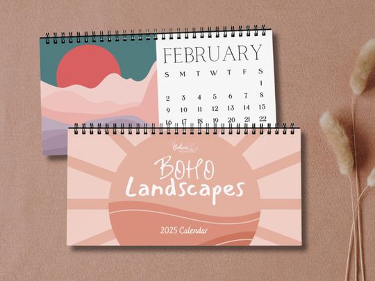 Boho Landscapes Desk Calendar with Sun & Moon Art and Custom Dates