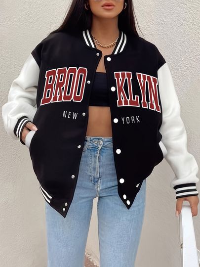 Discover Brooklyn New York 1898 Art Letter Print Baseball Jersey Female Button Fleece Jacket Autumn Casual Clothes Loose Sportswear Women