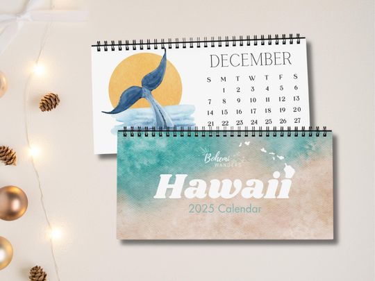 Discover Hawaii Desktop Calendar  Tropical Beach Watercolor Art