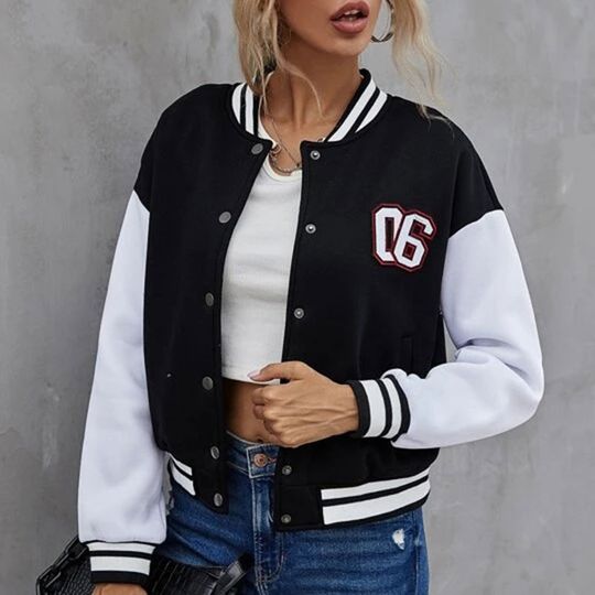 Discover Long Sleeve Baseball Jacket For Women Spring Autumn Leisure Matching Stand Collar Baseball Uniform Tops Single-breasted Coat