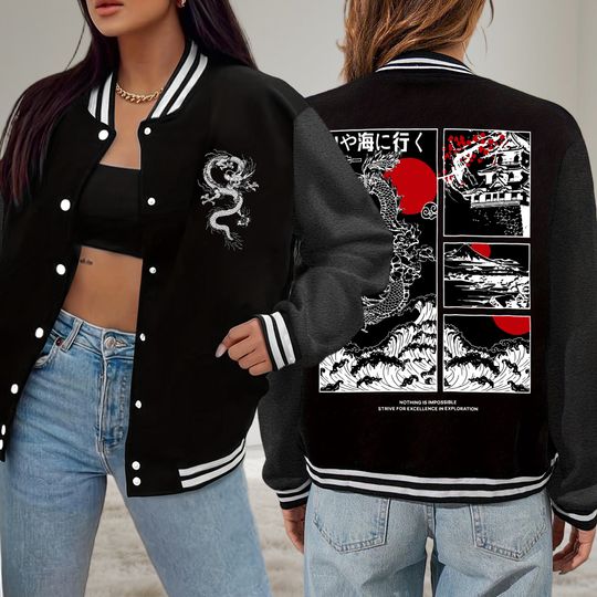 Discover Harajuku Japan Dragon Cherry Bloom Sea Wave Printing Jackets Women American Fleece Baseball Uniform Autumn Loose Sportswear