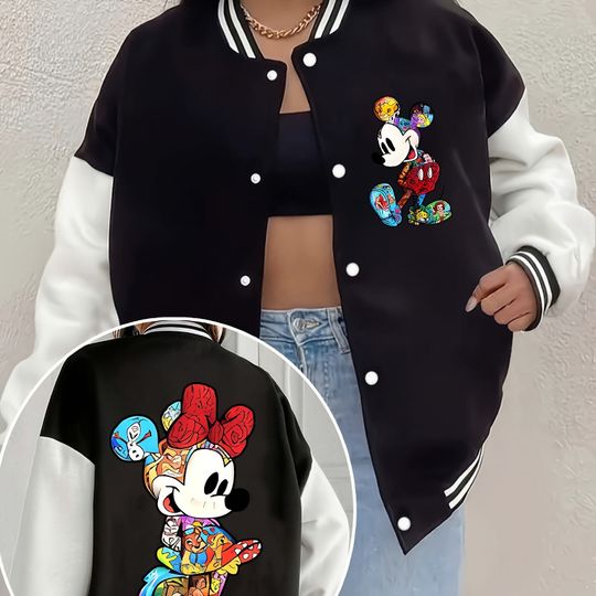 Discover Disney Mickey Mouse Family Cartoon Double-sided Printed Women's Jacket Autumn and Winter New Men and Women Couples Streetwear