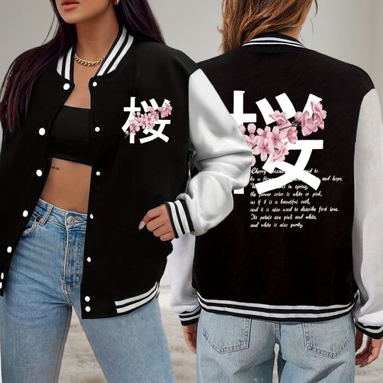 Discover Japan Harajuku Cherry Blossom Art Letter Print Women Baseball Uniform Fleece Woman Jacket Soft Loose Streetwear Autumn Clothes