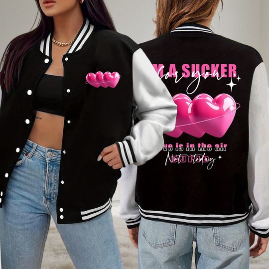Discover Love Is In The Air Pink Heart Printed  Baseball Uniform Women Loose Sport Jacket Fashion Fleece Streetwear Autumn Clothes
