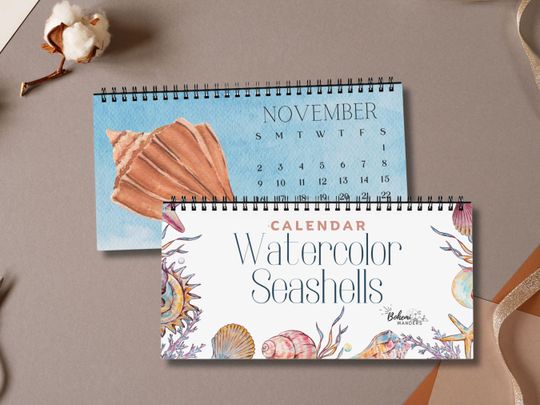 Discover 2026 Seashell Desk Calendar  Watercolor Coastal Decor for Ocean Lovers, Beach House Vibes