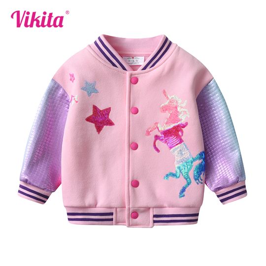 Discover VIKITA Kids Autumn Winter Thick Jacket and Coat Girls Unicorn Sequined Appliqued Pink Outwear Kids Cotton Casual Sport Jackets