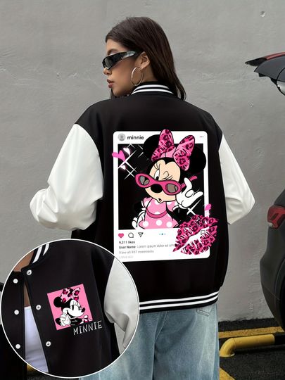 Disney Minnie Print Fashionable Color Blocked Baseball Jacket Long Sleeved Button Up Cardigan Casual Sports Windbreaker