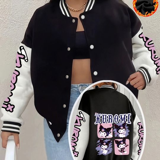 Discover Disney Women's Kuromi Arm Letter Print and Cute Kuromi Print Autumn/Winter Hot Selling Casual Neutral Street Wear