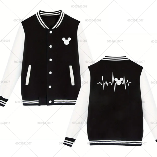 Discover Men's Disney Mickey Mouse Heartbeat Love Baseball Jacket Women Autumn Winter Fashion Coats Fleece O-Neck Streetwear Hoodies Tops