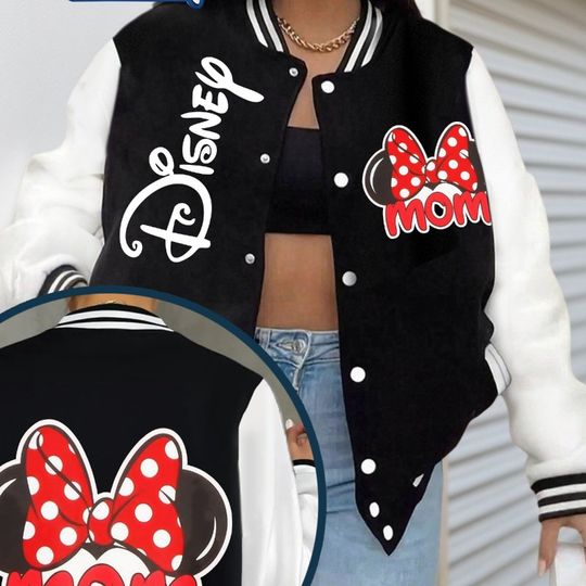 Discover Disney Minnie Mouse Mom Printed School Team Jacket, Baseball Jacket, Women's Y2K Autumn/Winter Top, Casual Fashion, Unisex
