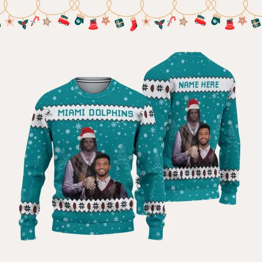 2025 Dolphins Tua Tagovailoa x Tyreek Hill Football Christmas Ugly Sweater