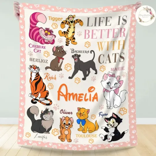 Discover Personalized Disney Cats Blanket, Custom Name Cat Lovers Baby Fleece Blanket