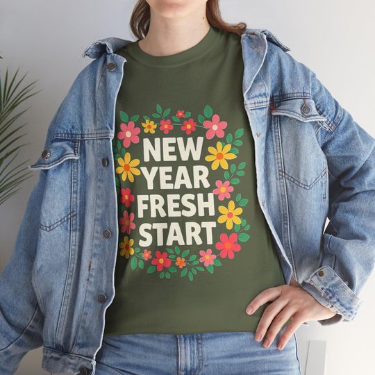 Discover New Year Fresh Start T Shirt, Floral Motivational Slogan Tee, Inspirational Quote Shirt, Positive Mindset Graphic Tee