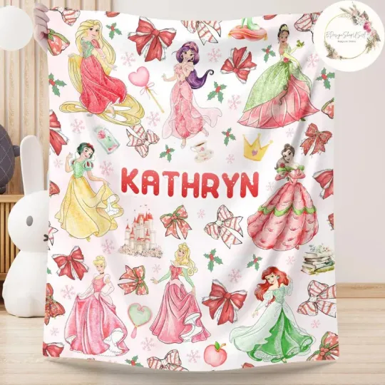 Discover Personalized Watercolor Coquette Bows Disney Princess Christmas Fleece Blanket