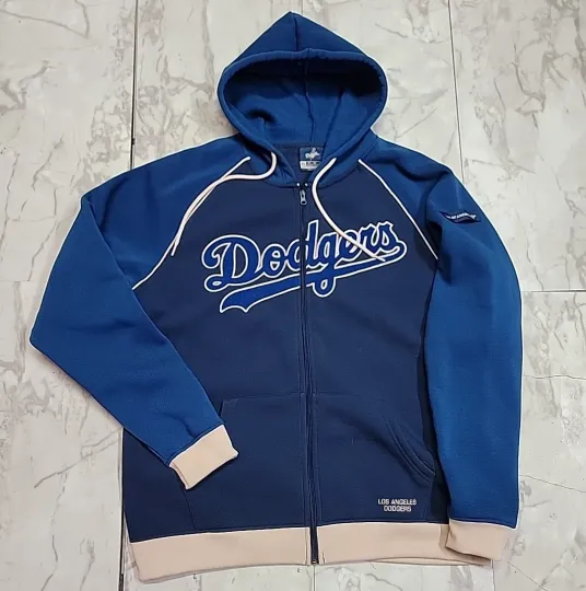 Discover Los Angeles Dodgers MLB Baseball Full-Zip Fleece Gray Blue Hoodie Men's XL