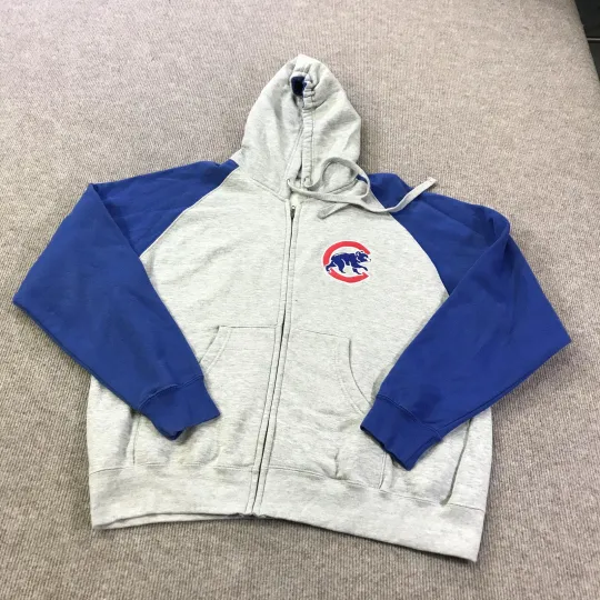 Discover Chicago Cubs Sweater Hoodie Mens Large Gray Blue MLB Baseball Zip Up Fleece