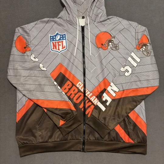 Discover Cleveland Browns Full Zip Up Hooded Jacket Men's 2XL football 3D All Over Print