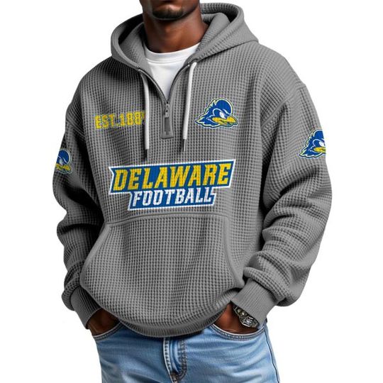 Discover Delaware Football EST 1889 Quarter Zip Waffle Hoodie