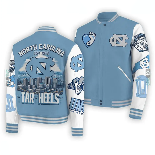 Discover Baseball jacket design with the iconic Est 1910 North Carolina Tar Heels