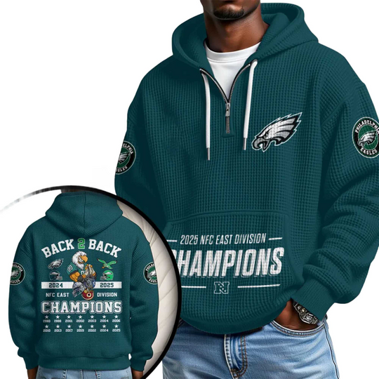 Discover Eagles NFC East Division Champions 2025 Quarter Zip Waffle Hoodie