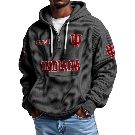 Discover Indiana 1887 EST Quarter Zip Waffle Hoodie