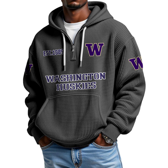 Discover Washington Huskies EST 1889 Quarter Zip Waffle Hoodie