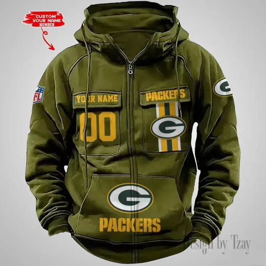 Personalized Green Bay Packers Cargo Zip Hoodie Football Team Fan Gift