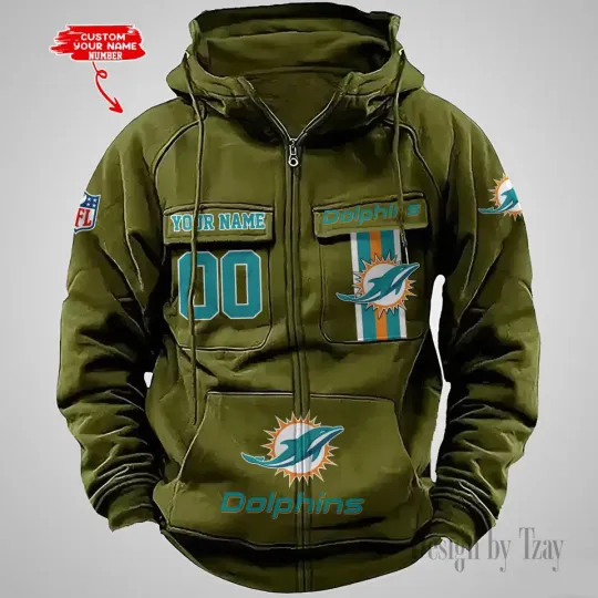 Personalized Miami Dolphins Cargo Zip Hoodie Football Team Fan Gift