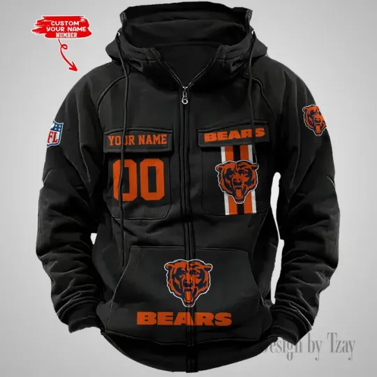 Personalized Chicago Bears Cargo Zip Hoodie Football Team Fan Gift