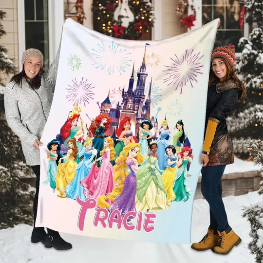 Discover Personalized Watercolor Disney Princess Blanket, Custom Name Fleece Blanket