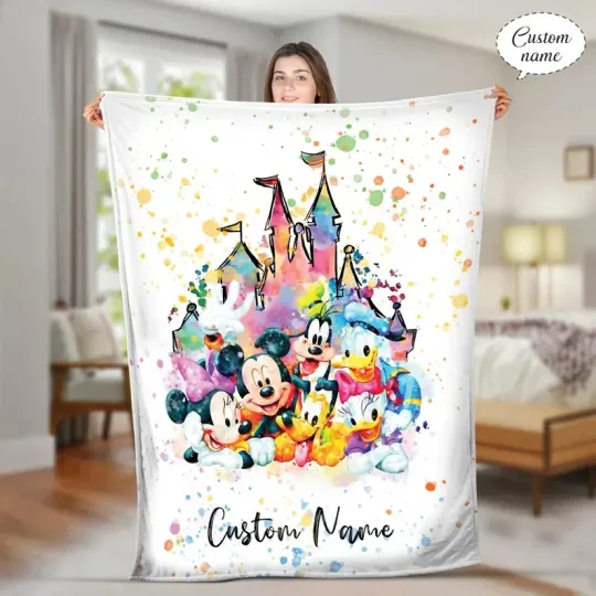 Discover Personalized Watercolor Mickey And Friends Castle Disney Fleece Blanket