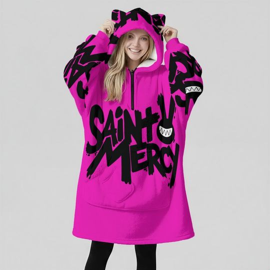 Minimal Streetwear Fleece Oversized Saint Hoodie Blanket With Decorative Ears Unisex
