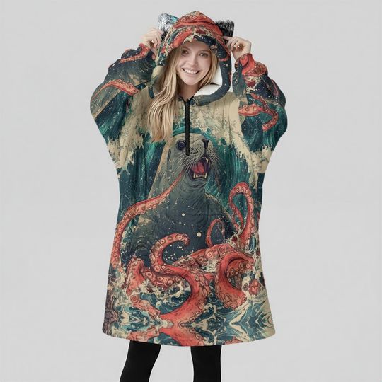 Seal Kraken Battle Anime Edo Japan Ocean Wave Fleece Cat ear Blanket Festival Rave Hoodie-