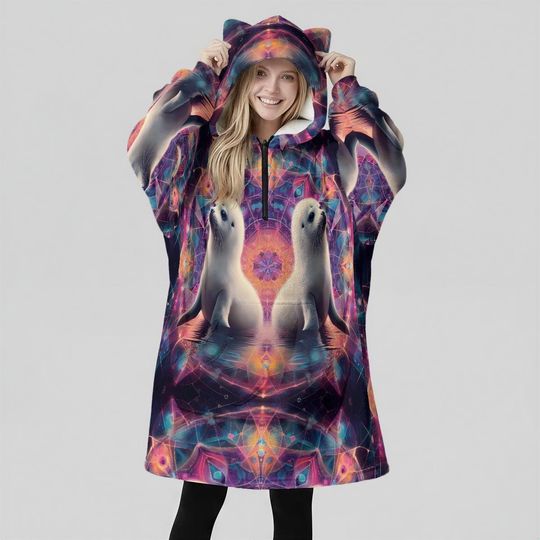 Fractal Seal Dancing  Psy Fractal Geometry Festival Rave Fleece Hoodie Blanket-