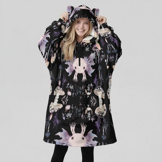 Axolotl Goth Mushroom Festival Dark Cottagecore Fleece Cat ear Hoodie