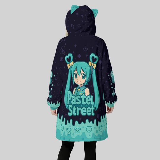 Miku Cat Ear Blanket Hoodie  Vocaloid Cosplay  Kawaii Anime Pastel Blue Unisex Gift for Hatsune Fans
